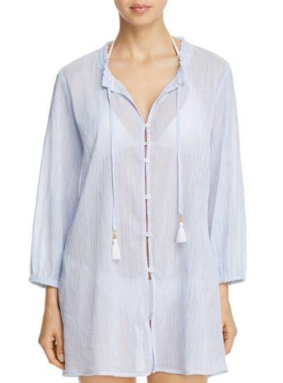 Striped Gauze Button-Front Shirt Dress Swim Cover-Up